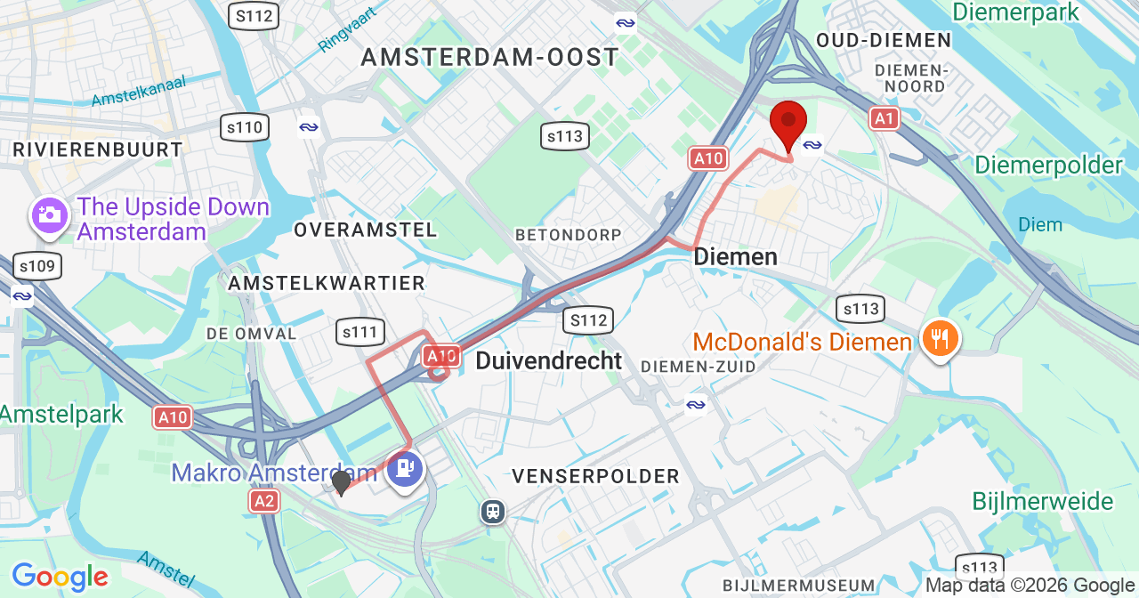 Kaart van het incident in Diemen met de aanrijroutes van de gealarmeerde eenheden