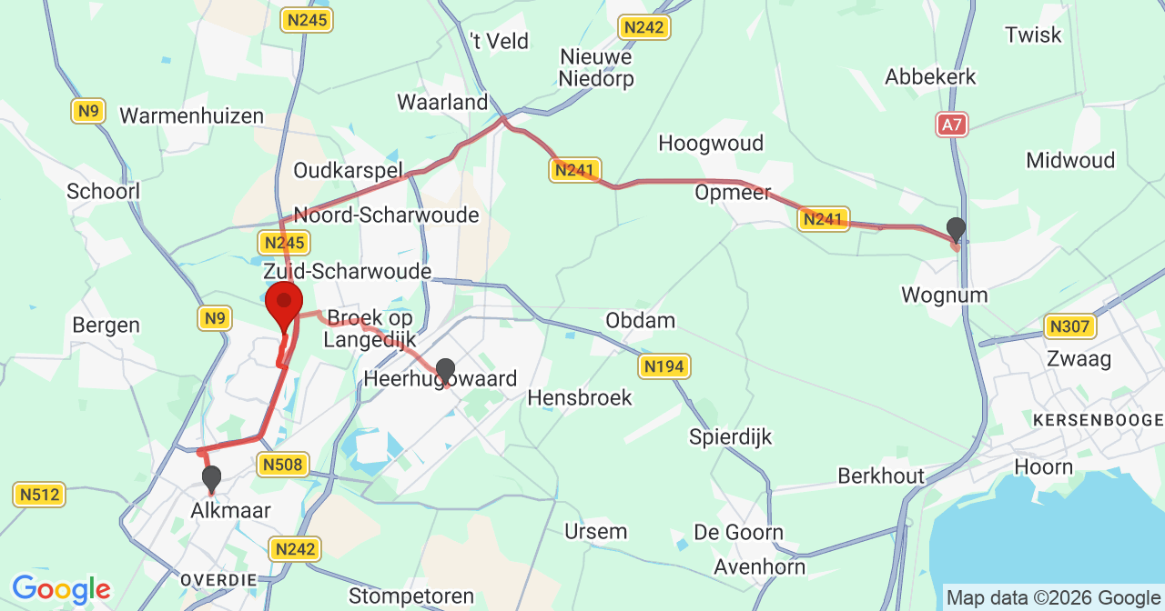 Kaart van het incident in Alkmaar met de aanrijroutes van de gealarmeerde eenheden