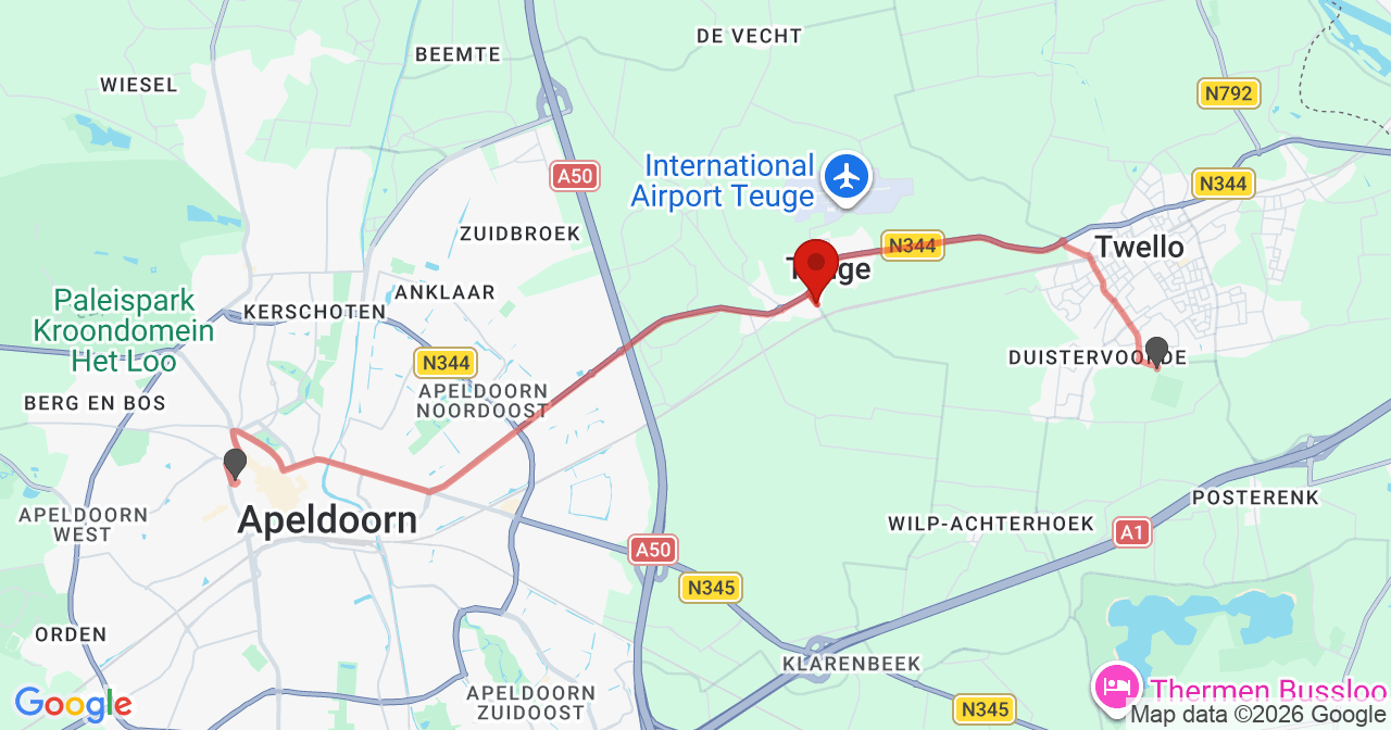 Kaart van het incident in Teuge met de aanrijroutes van de gealarmeerde eenheden