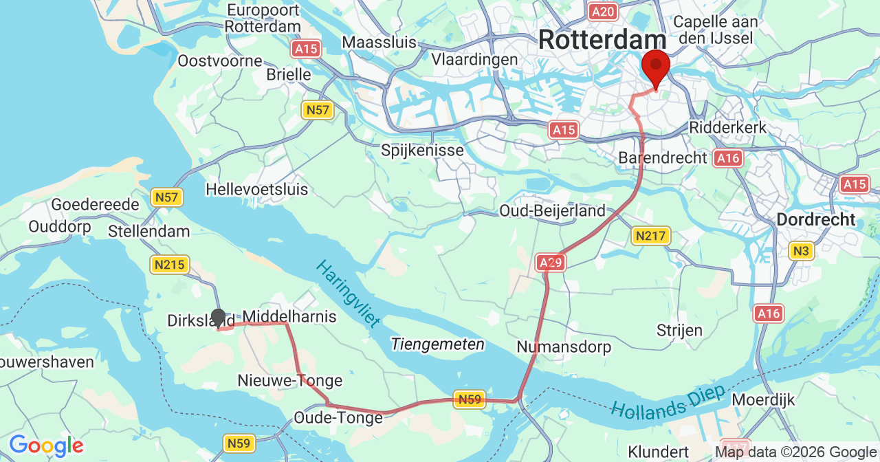 Kaart van het incident in Rotterdam met de aanrijroutes van de gealarmeerde eenheden