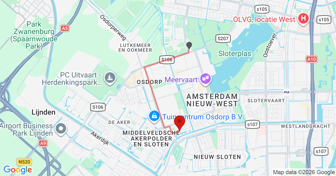 Kaart van het incident in Amsterdam met de aanrijroutes van de gealarmeerde eenheden