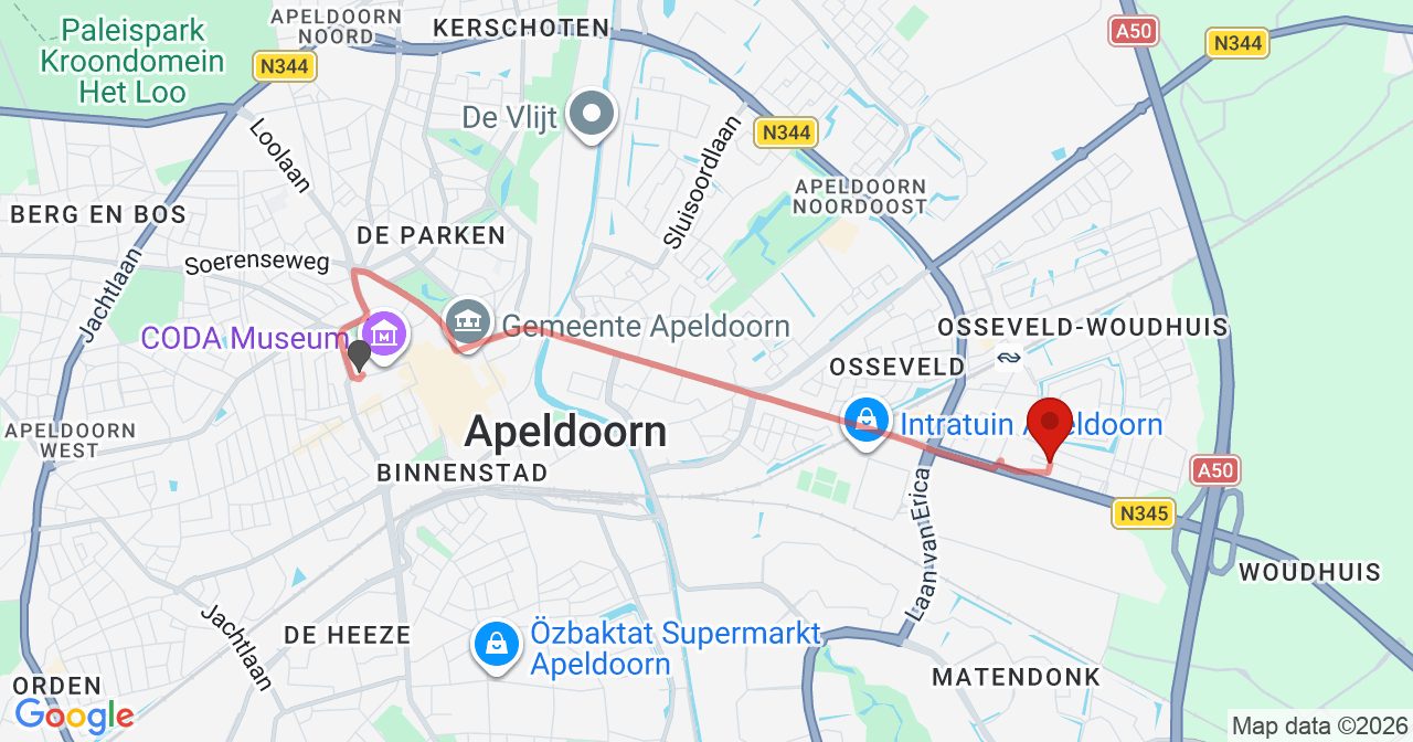 Kaart van het incident in Apeldoorn met de aanrijroutes van de gealarmeerde eenheden