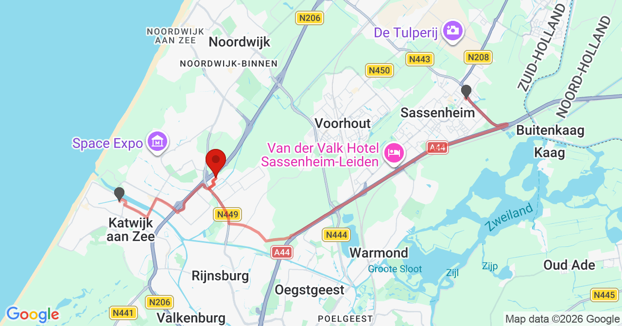 Kaart van het incident in Noordwijk met de aanrijroutes van de gealarmeerde eenheden