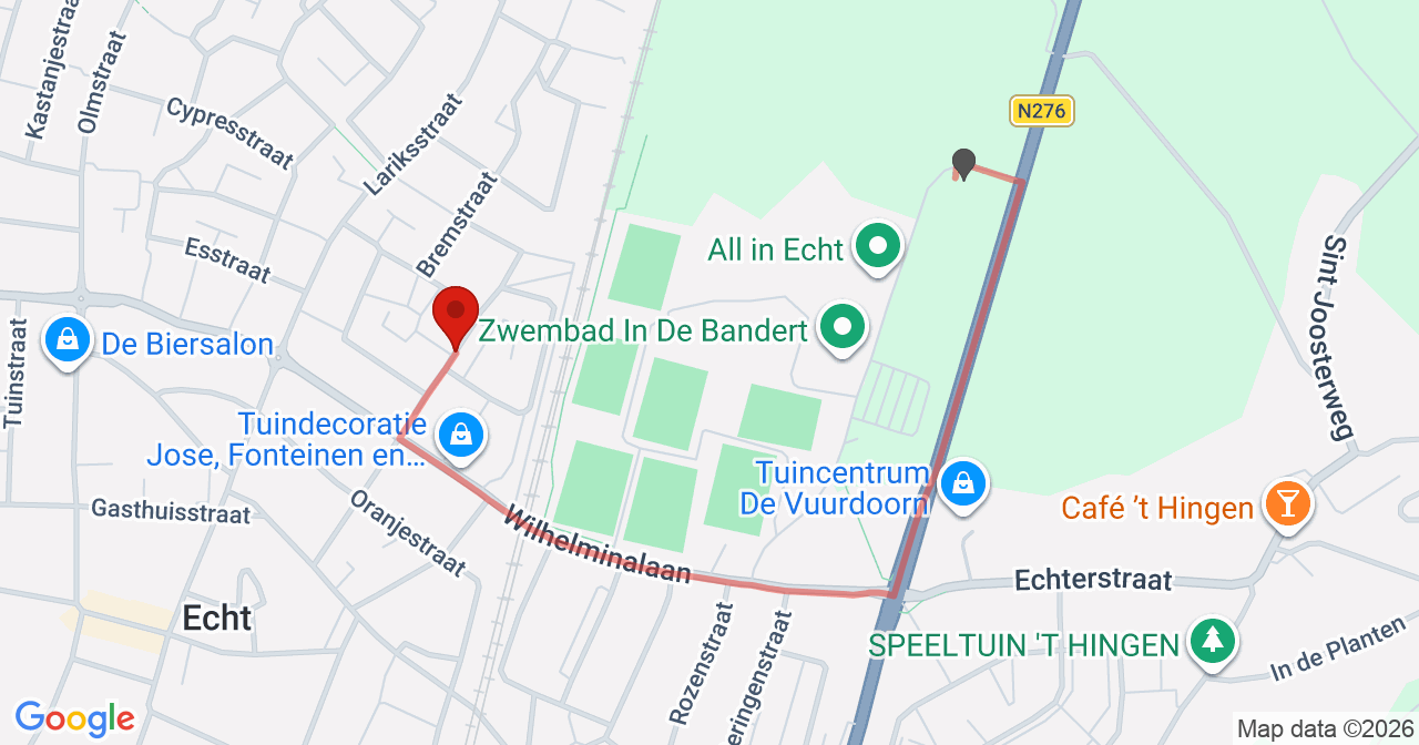 Kaart van het incident in Echt met de aanrijroutes van de gealarmeerde eenheden