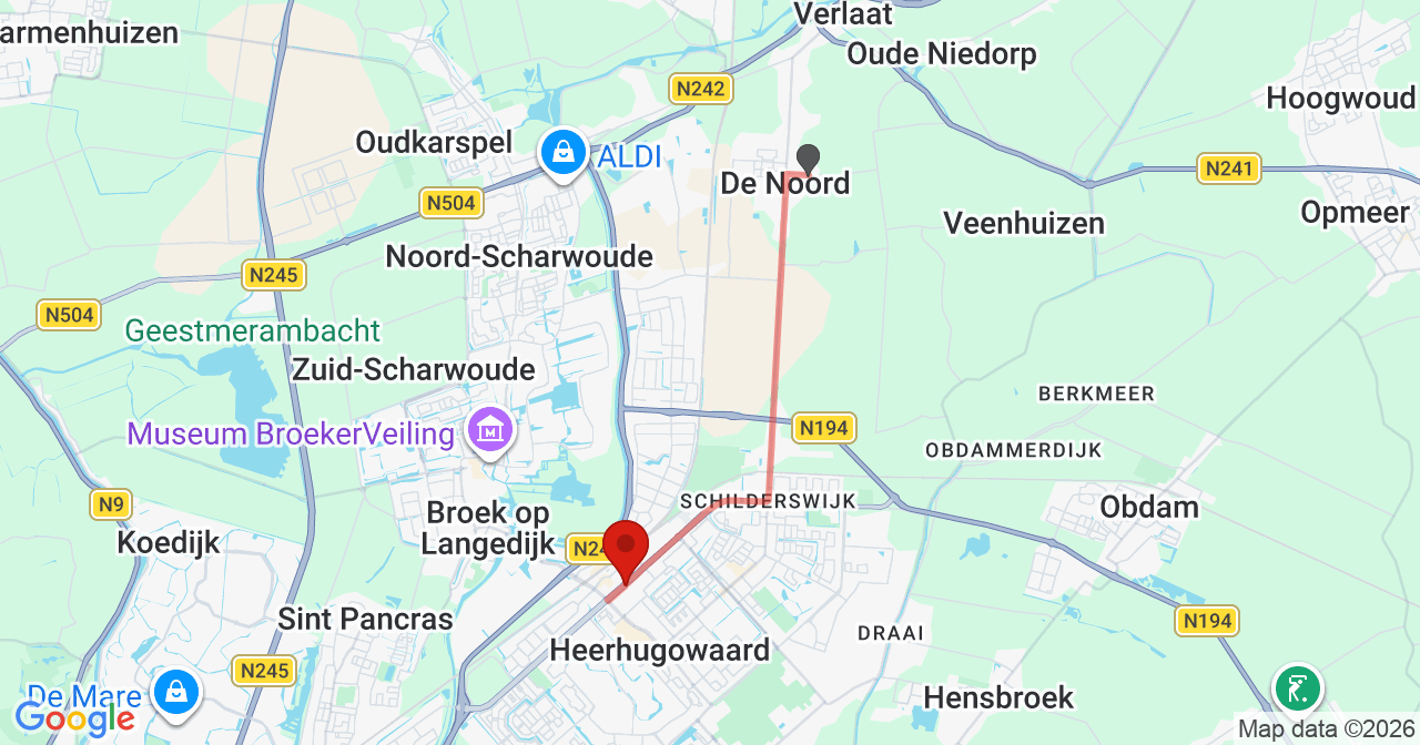 Kaart van het incident in Heerhugowaard met de aanrijroutes van de gealarmeerde eenheden