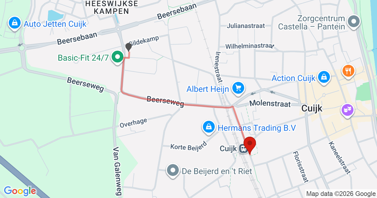 Kaart van het incident in Cuijk met de aanrijroutes van de gealarmeerde eenheden