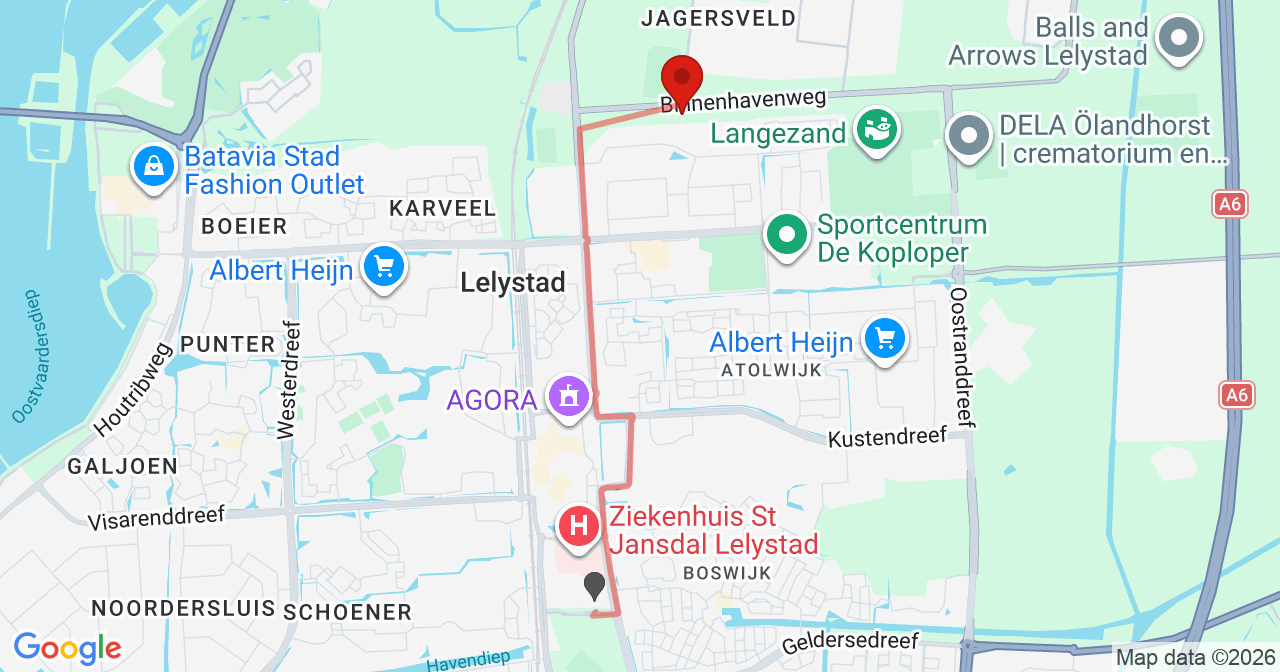 Kaart van het incident in Lelystad met de aanrijroutes van de gealarmeerde eenheden