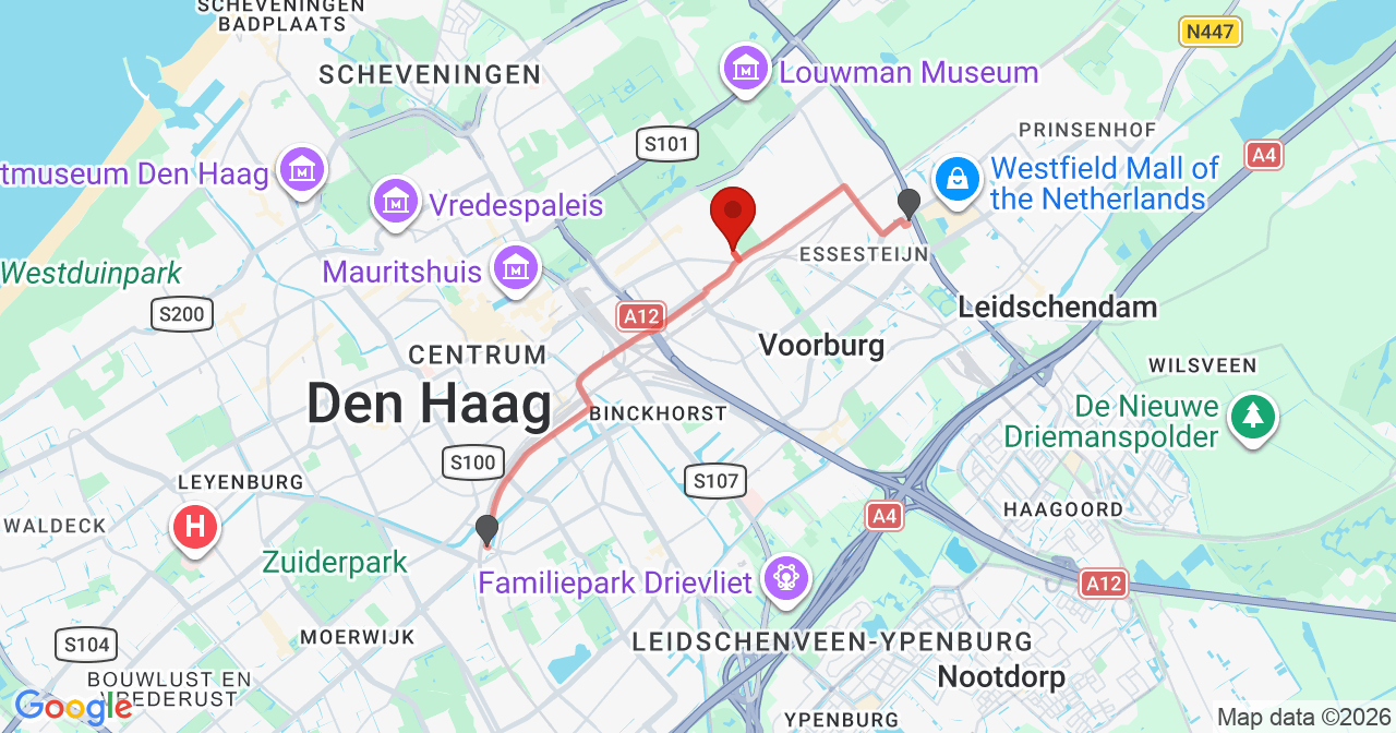 Kaart van het incident in 's-Gravenhage met de aanrijroutes van de gealarmeerde eenheden