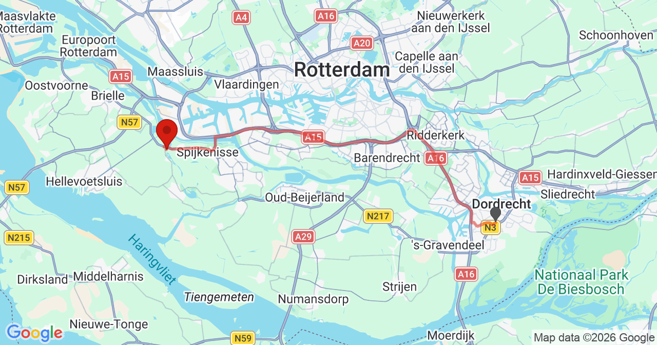 Kaart van het incident in Dordrecht met de aanrijroutes van de gealarmeerde eenheden