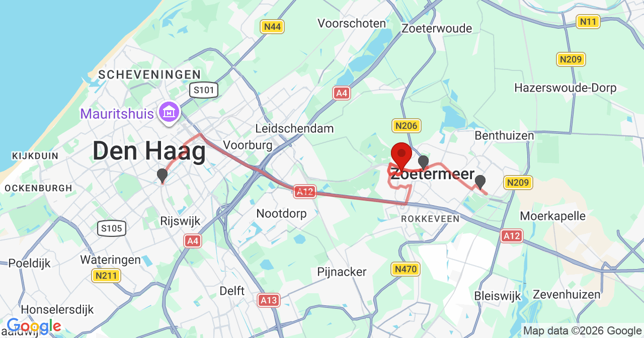Kaart van het incident in Zoetermeer met de aanrijroutes van de gealarmeerde eenheden