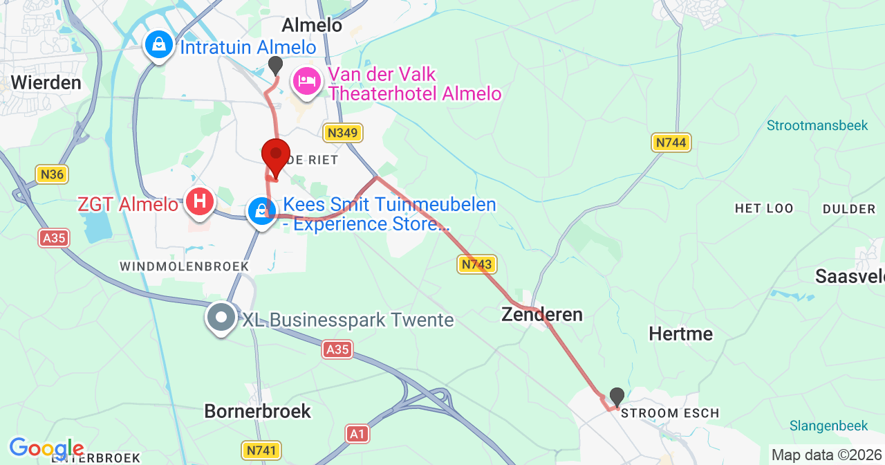 Kaart van het incident in Almelo met de aanrijroutes van de gealarmeerde eenheden