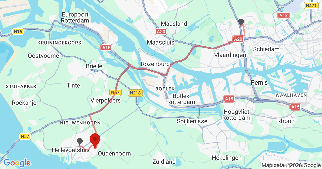 Kaart van het incident in Hellevoetsluis met de aanrijroutes van de gealarmeerde eenheden