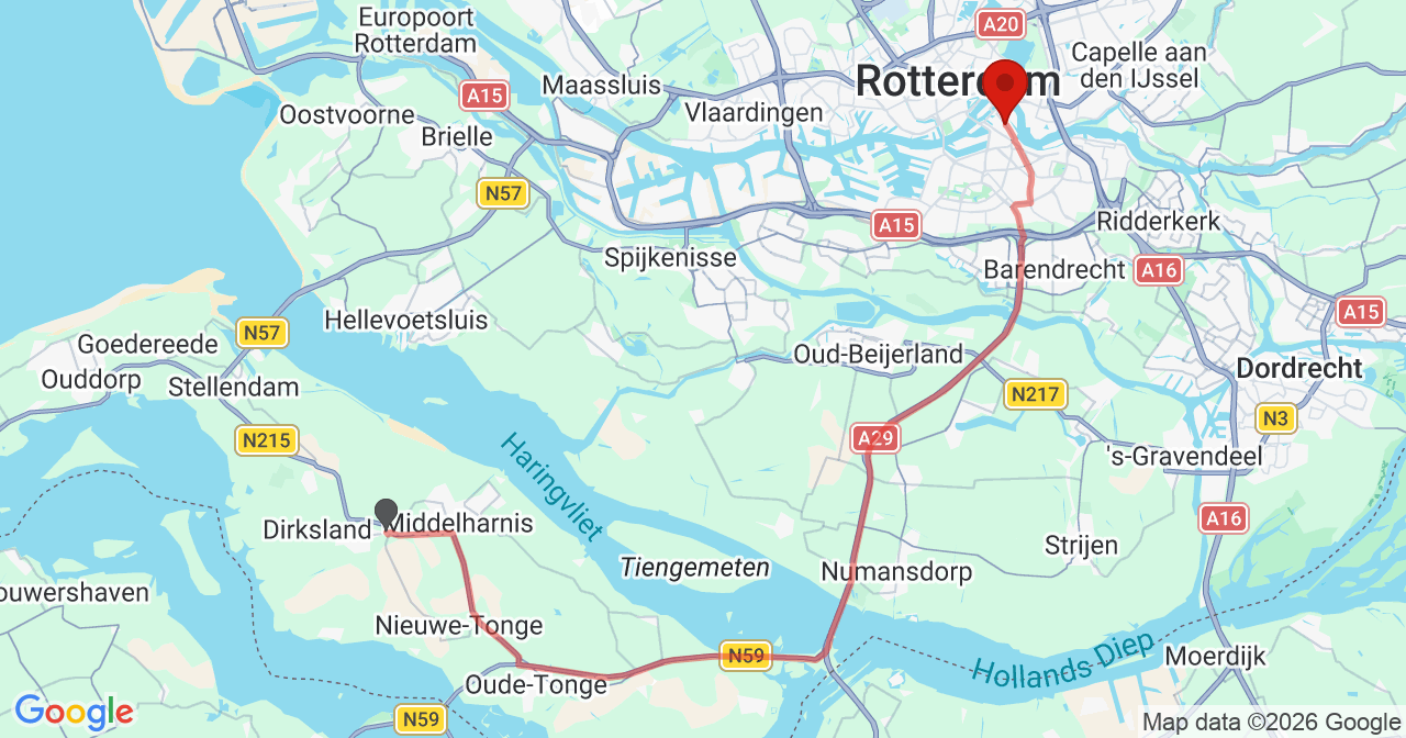Kaart van het incident in Rotterdam met de aanrijroutes van de gealarmeerde eenheden
