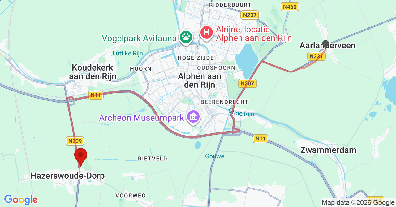 Kaart van het incident in Hazerswoude-Dorp met de aanrijroutes van de gealarmeerde eenheden