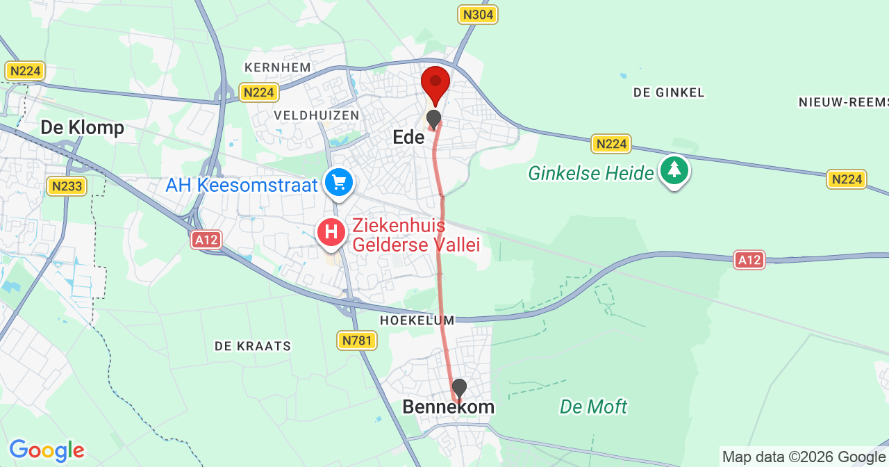 Kaart van het incident in Ede met de aanrijroutes van de gealarmeerde eenheden