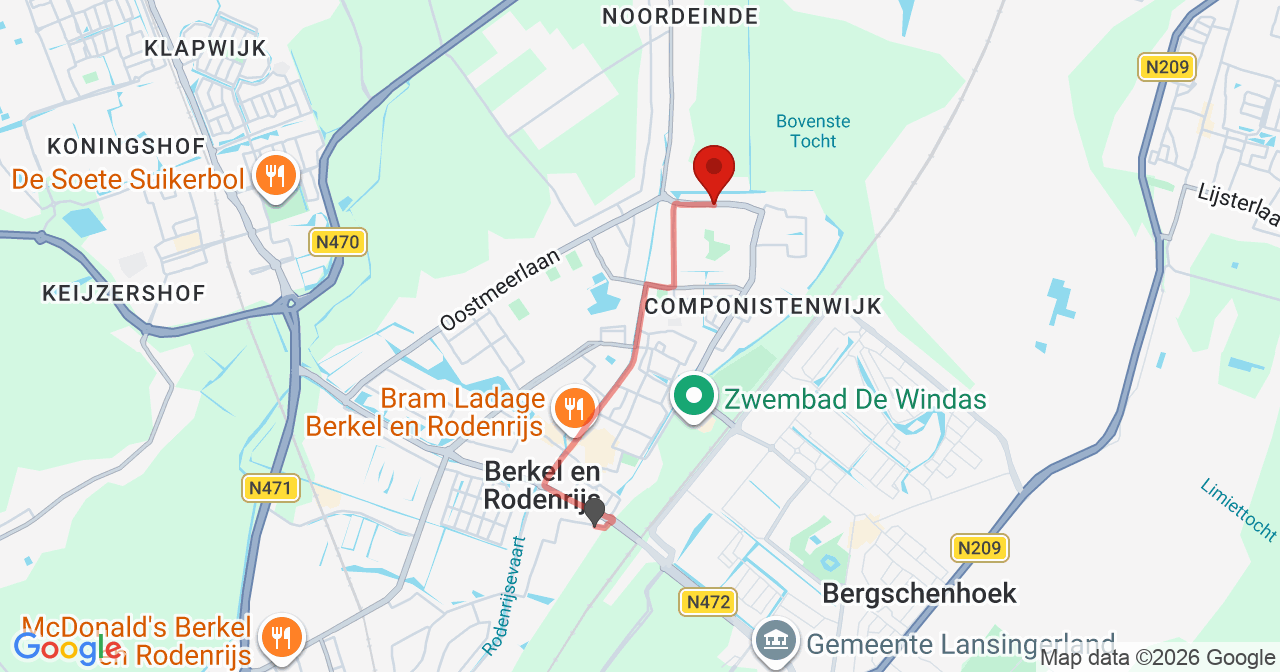 Kaart van het incident in Berkel en Rodenrijs met de aanrijroutes van de gealarmeerde eenheden