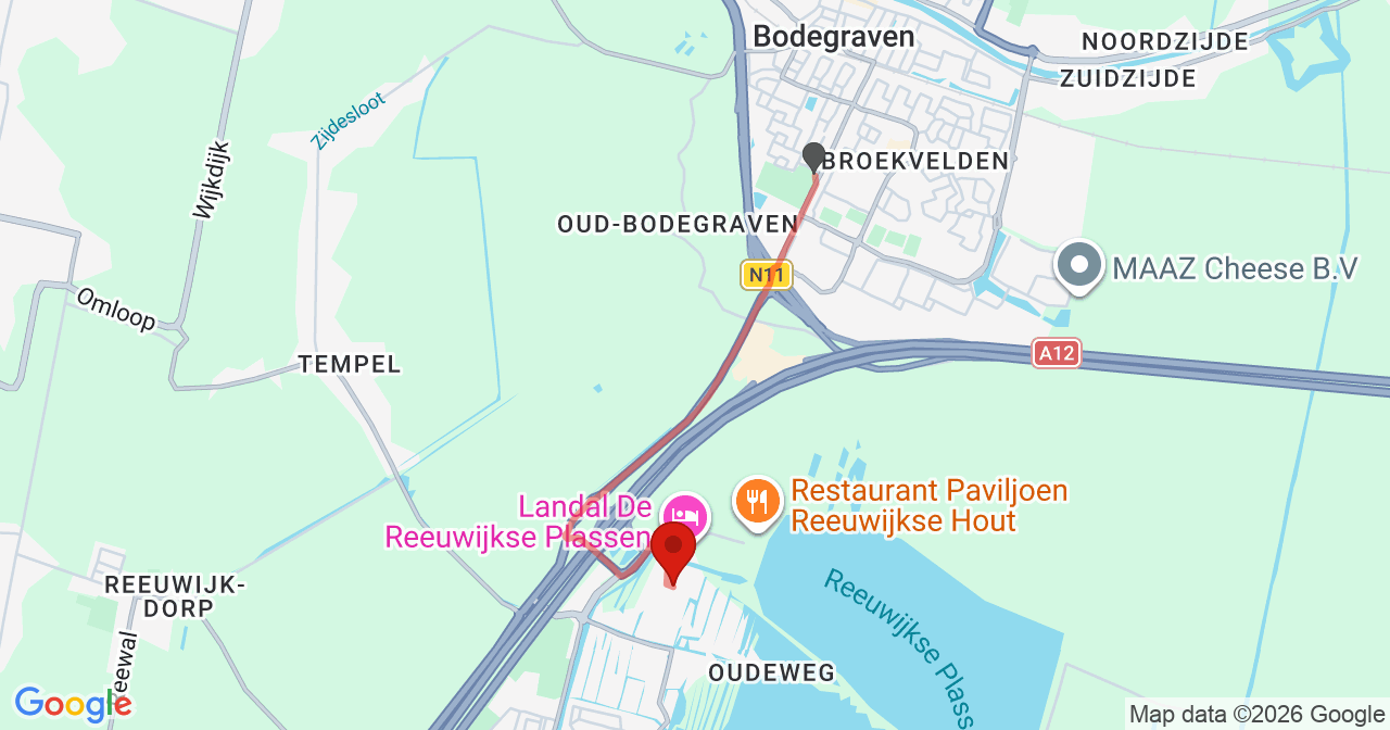 Kaart van het incident in Reeuwijk met de aanrijroutes van de gealarmeerde eenheden