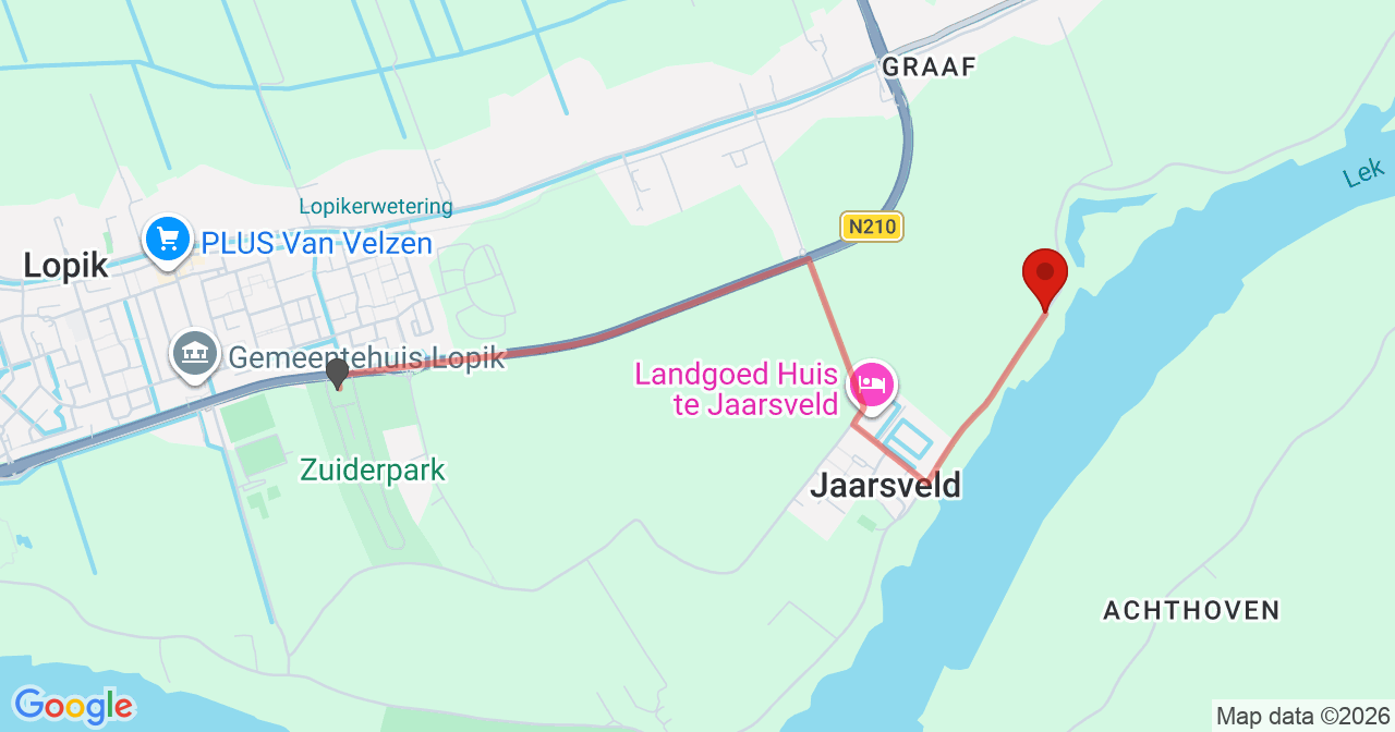 Kaart van het incident in Lopik met de aanrijroutes van de gealarmeerde eenheden