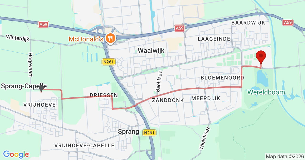 Kaart van het incident in Waalwijk met de aanrijroutes van de gealarmeerde eenheden