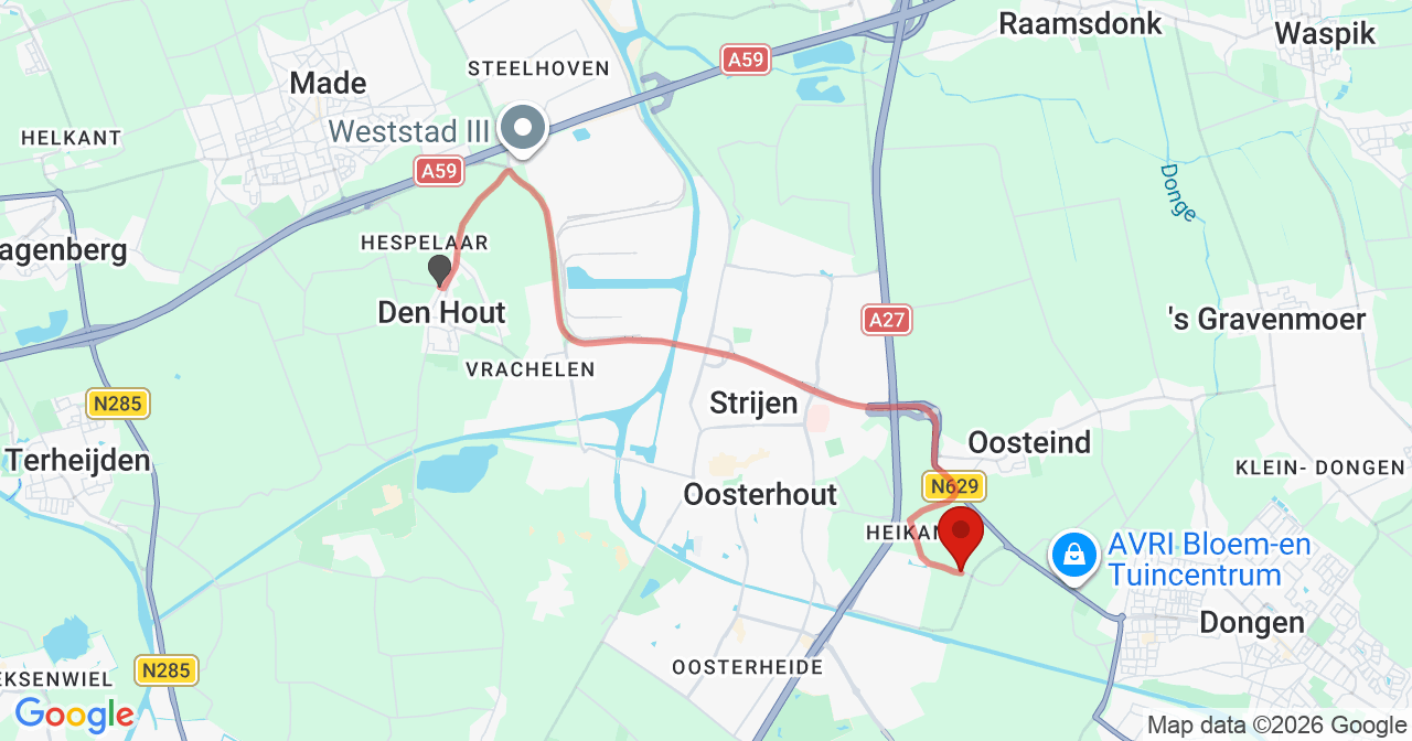 Kaart van het incident in Oosteind met de aanrijroutes van de gealarmeerde eenheden