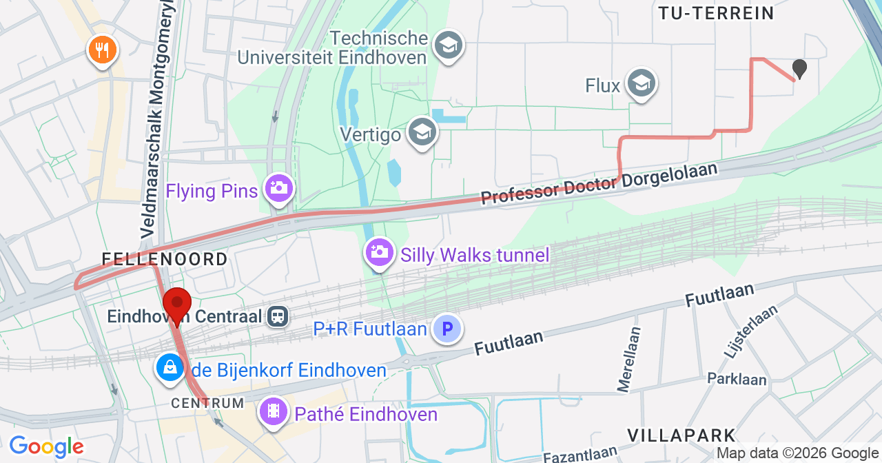 Kaart van het incident in Eindhoven met de aanrijroutes van de gealarmeerde eenheden