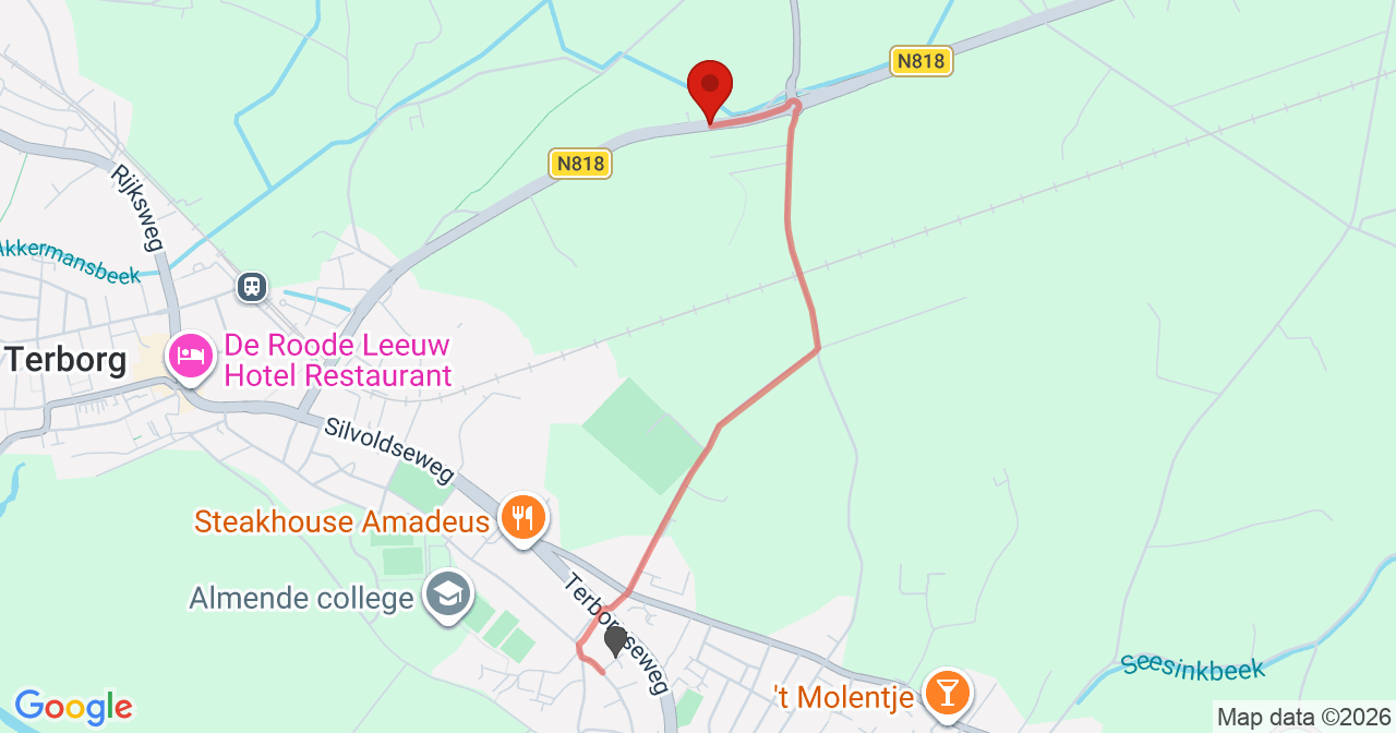 Kaart van het incident in Terborg met de aanrijroutes van de gealarmeerde eenheden