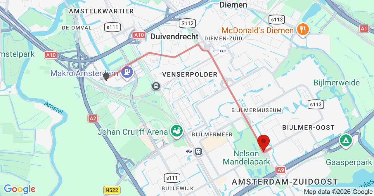 Kaart van het incident in Amsterdam met de aanrijroutes van de gealarmeerde eenheden