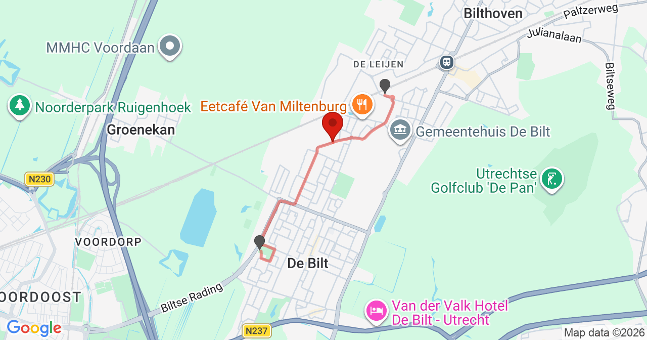 Kaart van het incident in Bilthoven met de aanrijroutes van de gealarmeerde eenheden