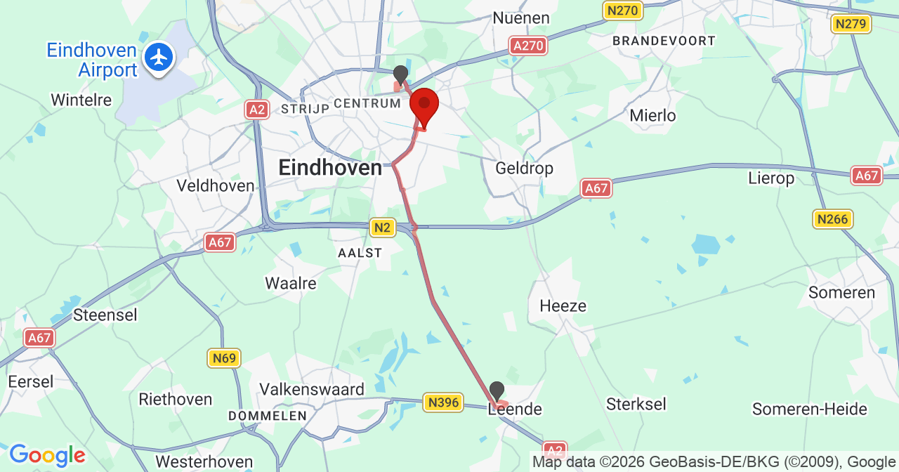 Kaart van het incident in Eindhoven met de aanrijroutes van de gealarmeerde eenheden
