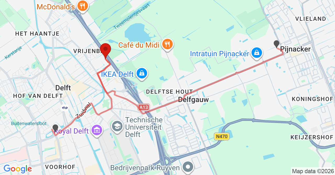 Kaart van het incident in Delft met de aanrijroutes van de gealarmeerde eenheden