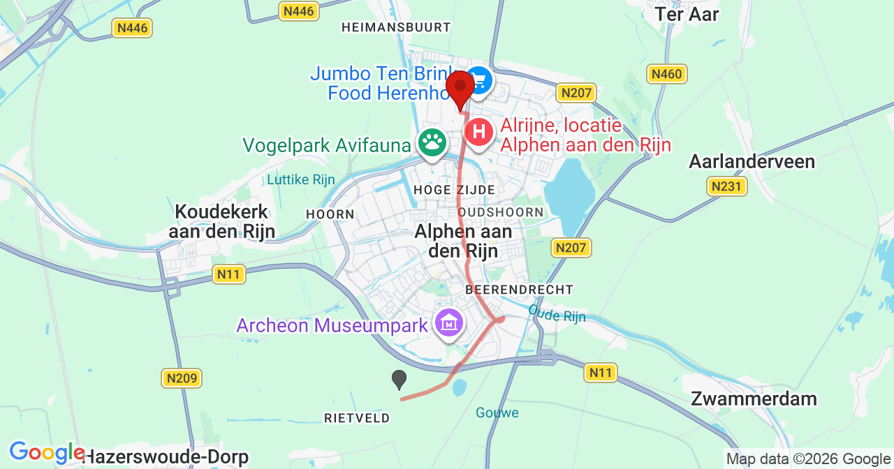 Kaart van het incident in Alphen aan den Rijn met de aanrijroutes van de gealarmeerde eenheden