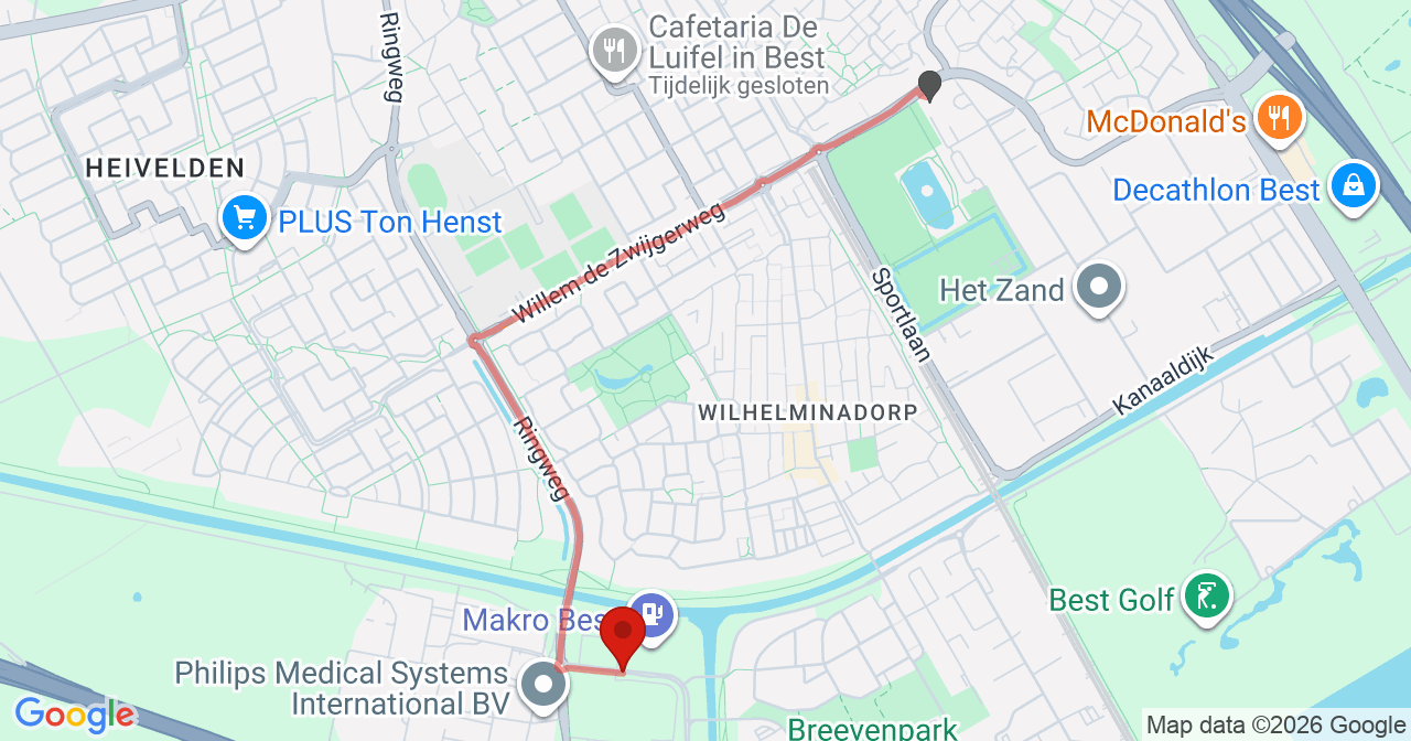 Kaart van het incident in Best met de aanrijroutes van de gealarmeerde eenheden