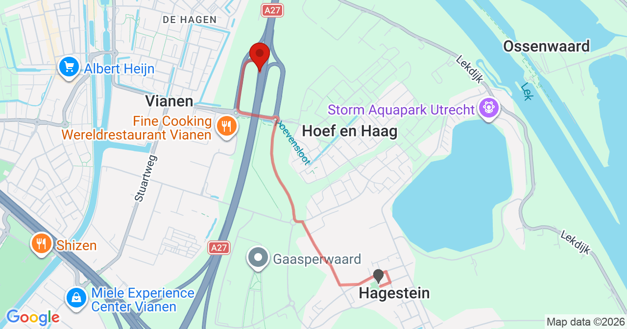 Kaart van het incident in Hagestein met de aanrijroutes van de gealarmeerde eenheden
