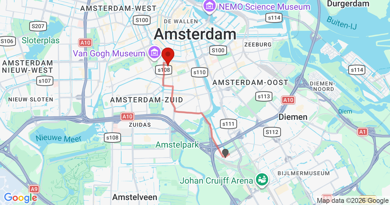 Kaart van het incident in Amsterdam met de aanrijroutes van de gealarmeerde eenheden