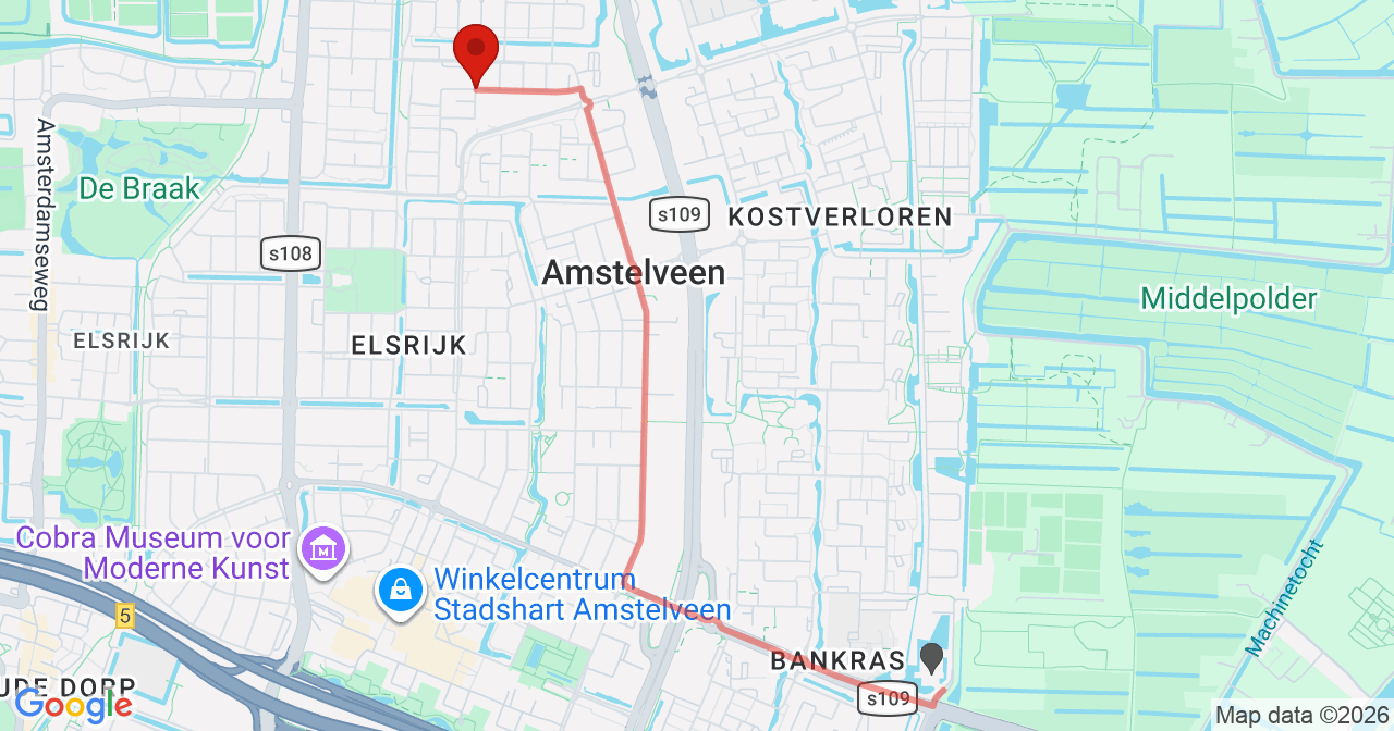 Kaart van het incident in Amstelveen met de aanrijroutes van de gealarmeerde eenheden