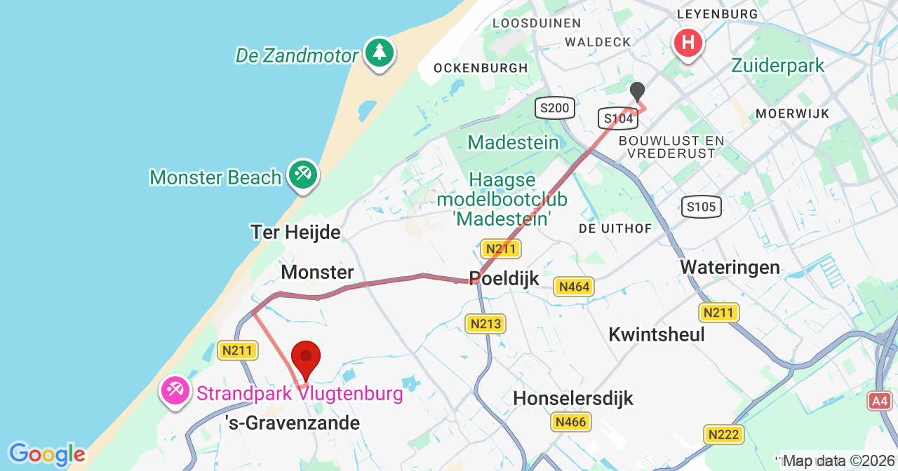 Kaart van het incident in 's-Gravenzande met de aanrijroutes van de gealarmeerde eenheden