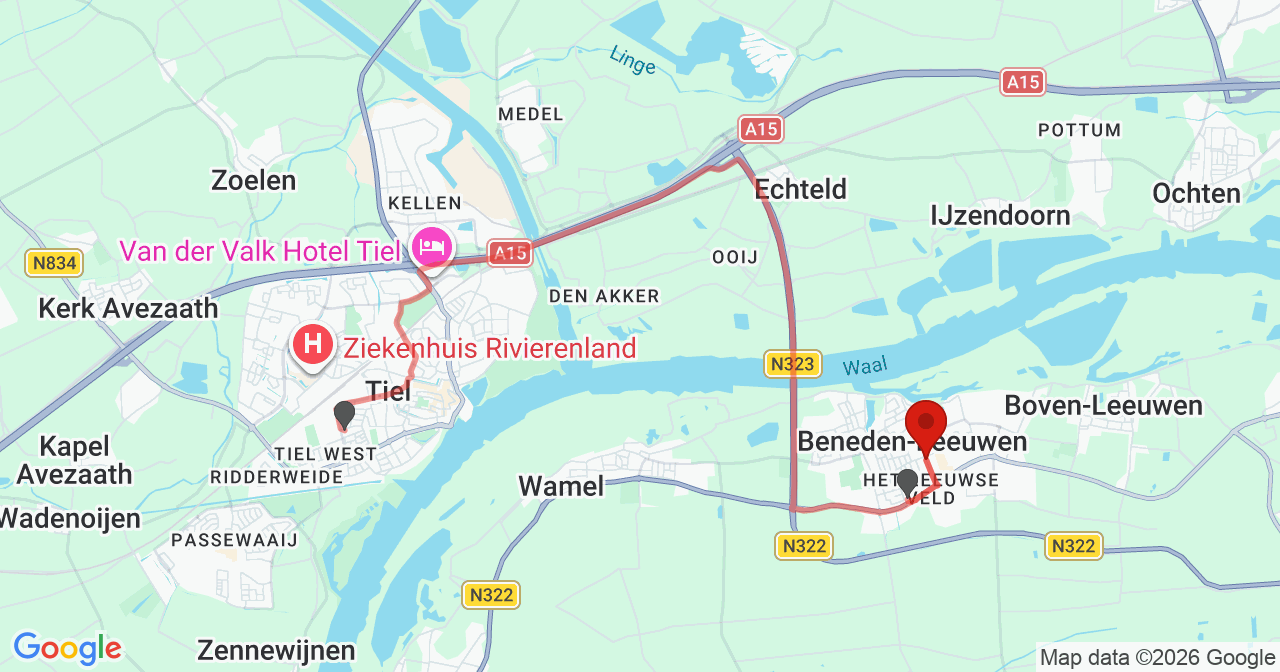 Kaart van het incident in Beneden-Leeuwen met de aanrijroutes van de gealarmeerde eenheden
