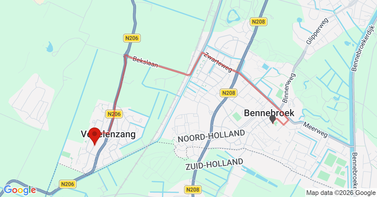 Kaart van het incident in Vogelenzang met de aanrijroutes van de gealarmeerde eenheden