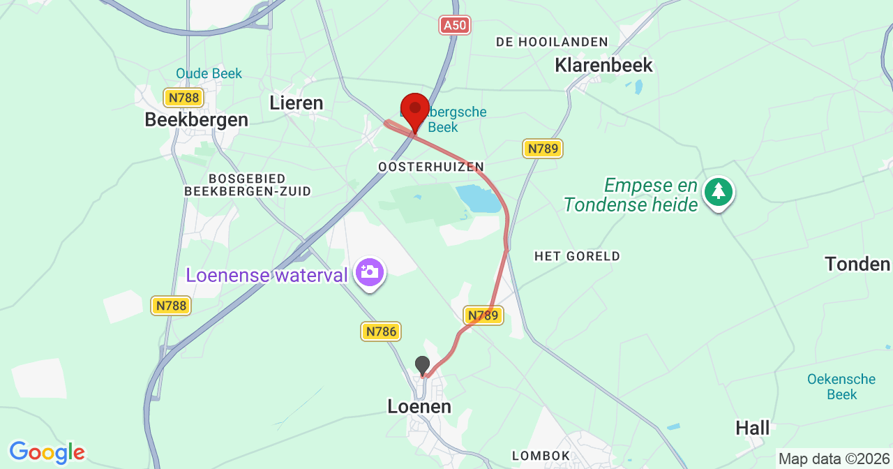 Kaart van het incident in Lieren met de aanrijroutes van de gealarmeerde eenheden