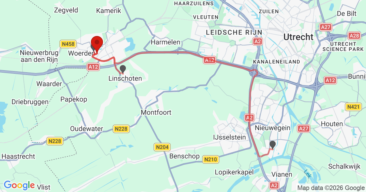 Kaart van het incident in Woerden met de aanrijroutes van de gealarmeerde eenheden