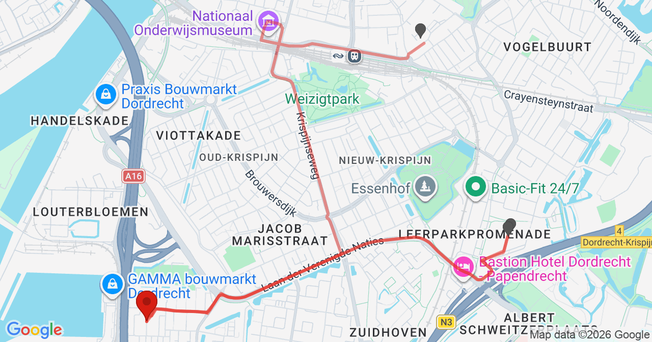 Kaart van het incident in Dordrecht met de aanrijroutes van de gealarmeerde eenheden