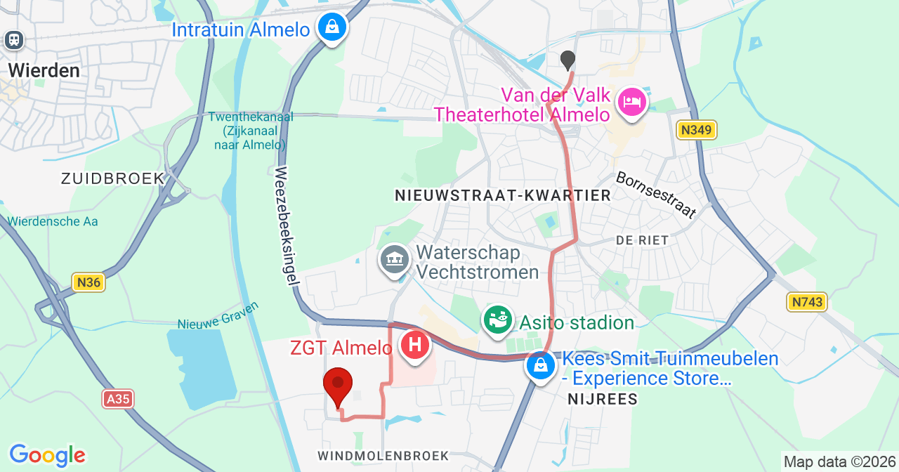 Kaart van het incident in Almelo met de aanrijroutes van de gealarmeerde eenheden