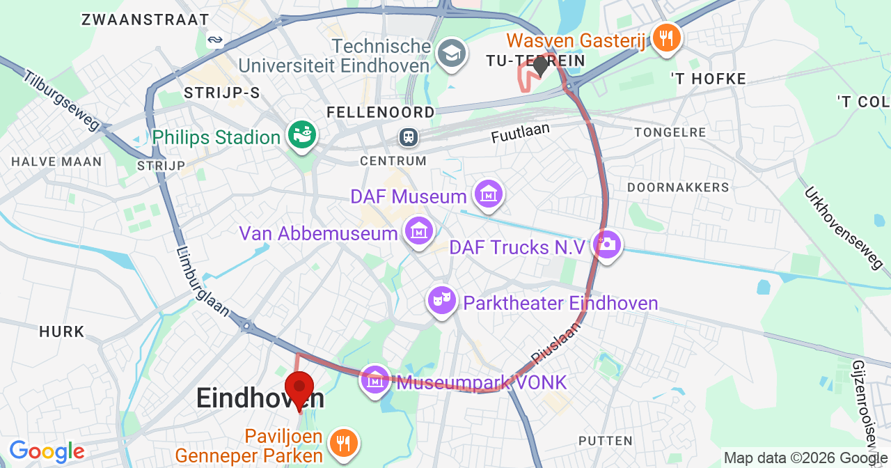 Kaart van het incident in Eindhoven met de aanrijroutes van de gealarmeerde eenheden