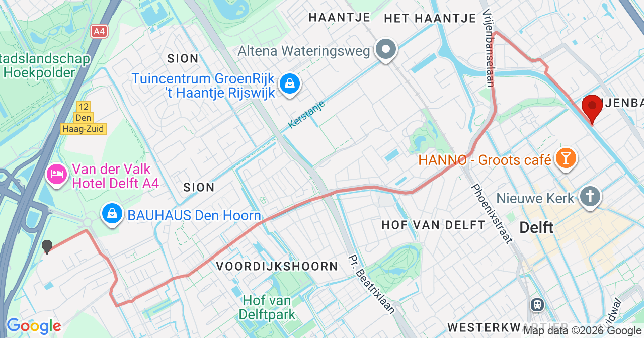Kaart van het incident in Delft met de aanrijroutes van de gealarmeerde eenheden