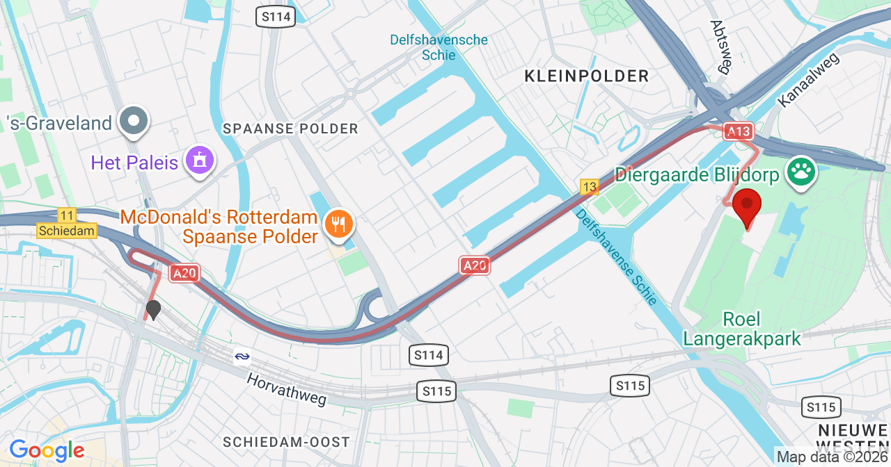 Kaart van het incident in Rotterdam met de aanrijroutes van de gealarmeerde eenheden