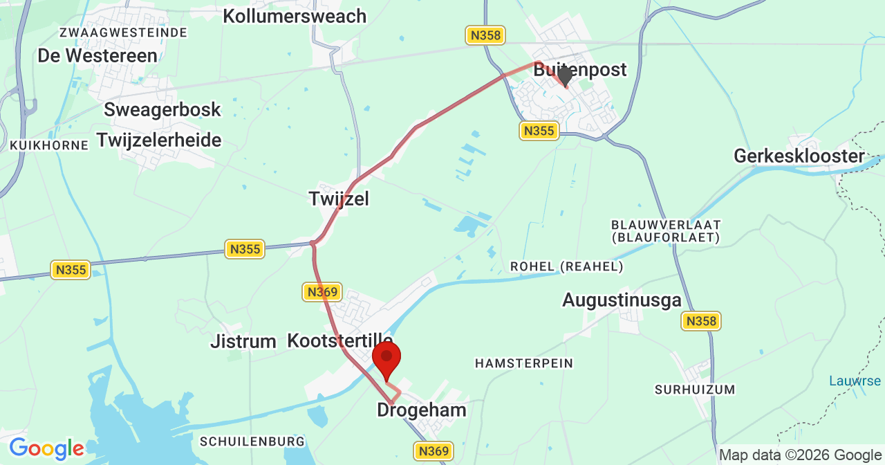Kaart van het incident in Drogeham met de aanrijroutes van de gealarmeerde eenheden
