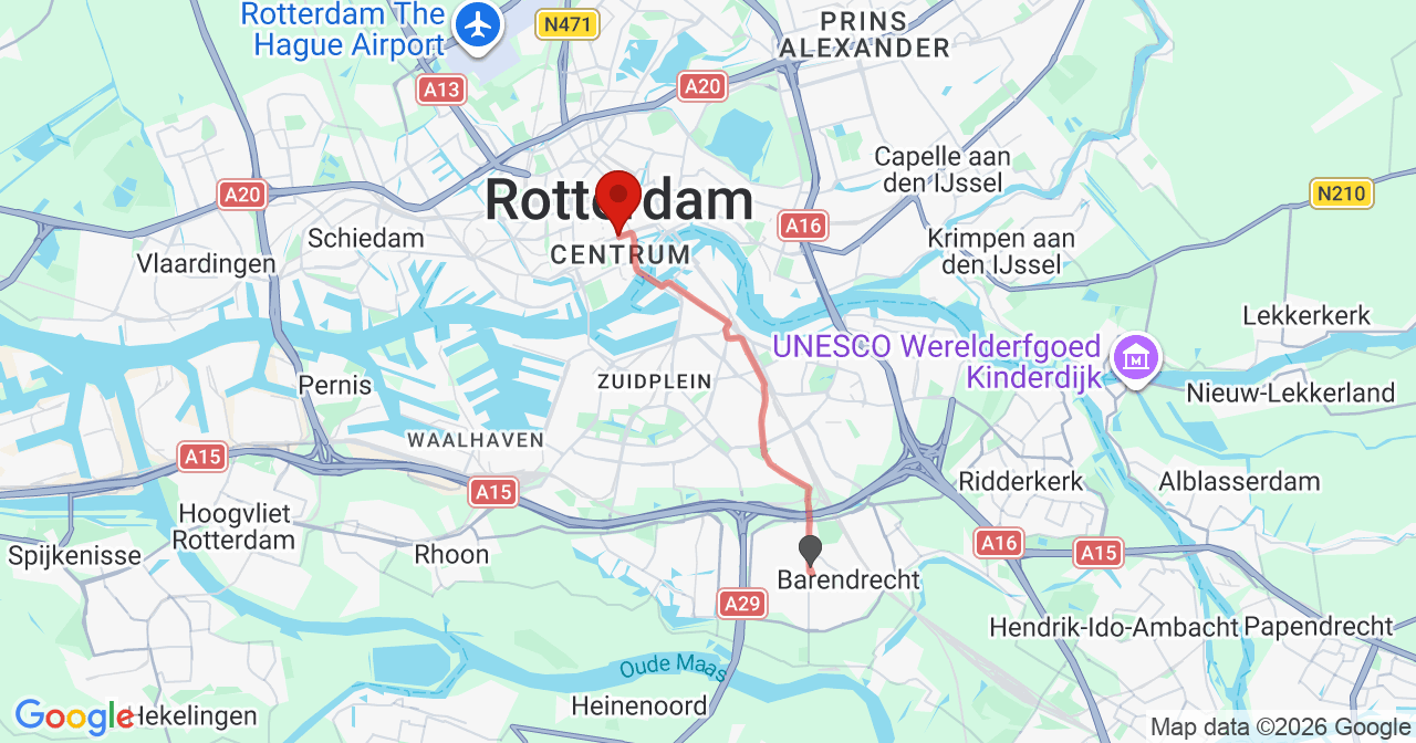Kaart van het incident in Rotterdam met de aanrijroutes van de gealarmeerde eenheden