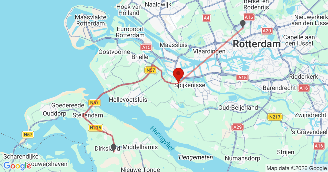 Kaart van het incident in Poortugaal met de aanrijroutes van de gealarmeerde eenheden