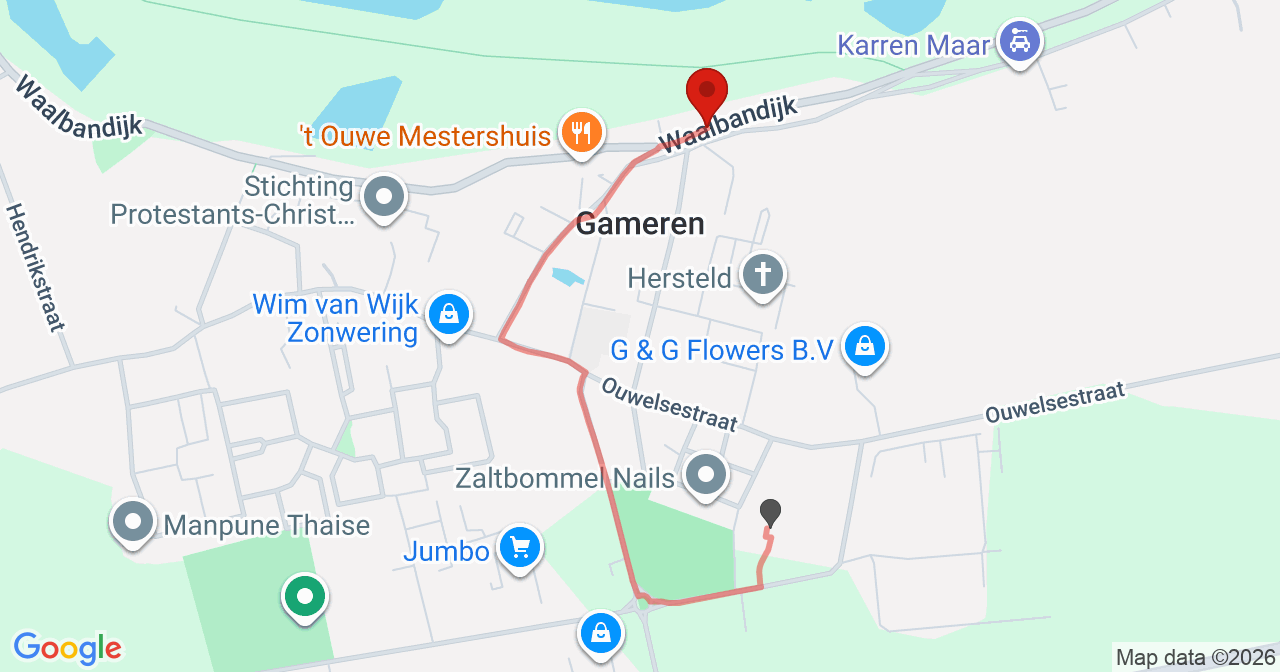 Kaart van het incident in Gameren met de aanrijroutes van de gealarmeerde eenheden