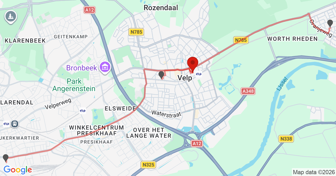 Kaart van het incident in Velp met de aanrijroutes van de gealarmeerde eenheden